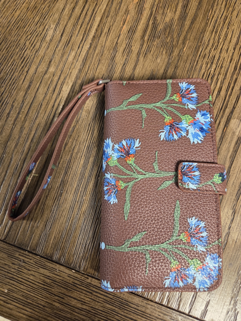 Vera Bradley Brown Wristlet Phone Wallet with Blue Floral Print